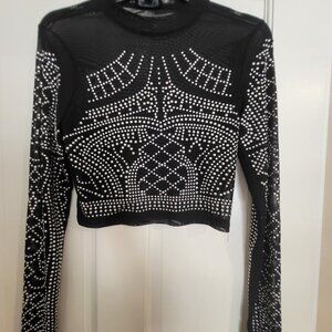 Black Long Sleeve Sheer Mesh Studded Embellished Crop Top size Small